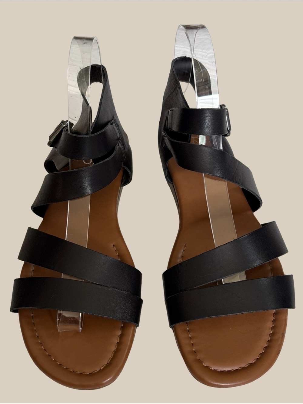 Franco Sarto Genji Black Leather Ankle Strap Gladiator Flat Sandals SZ 7.5M - Picture 2 of 8